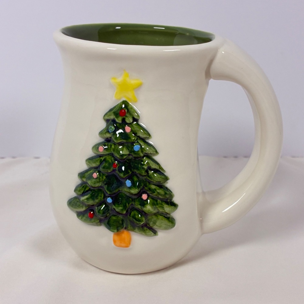 Merry Makers Mug Unisex OS White Christmas Tree Embossed Green Interior Holiday